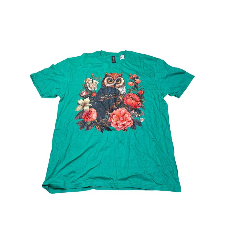 Owl Floral Graphic T Shirt Womens Large Green Gildan Softstyle Nature Boho NWT